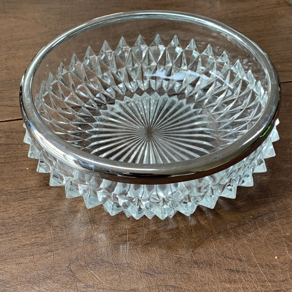 Vintage Crystal Serving Bowl, Silver Rim England 8.75" Hobnail Diamond Point